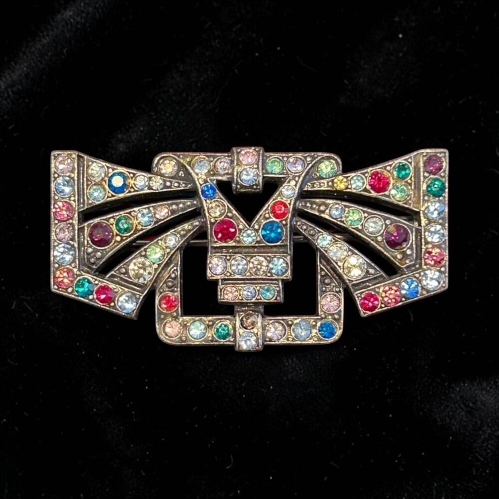 Art Deco Rhinestone Brooch Czech Glass Multicolor Stones Trombone Clasp 1920s